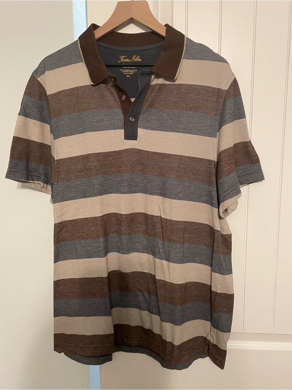 Tasso Elba Striped Polo in Brown, Gray & Cream